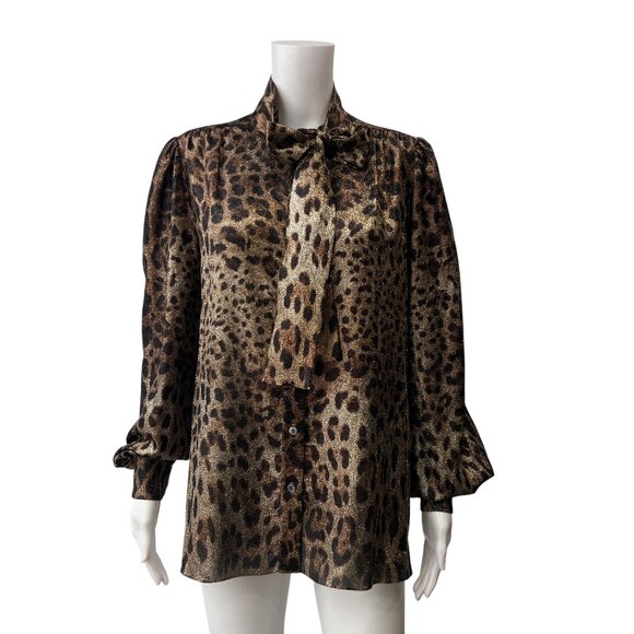 $1295 NWT Dolce&Gabbana Brown Leopard Pussy Bow Metallic Blouse Top IT 42/6 - Picture 1 of 8